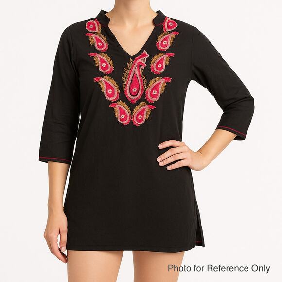 OndadeMar Black Tunic Top Size M Embroidered Boho Paisley Cover Up Long Sleeve - Picture 1 of 8